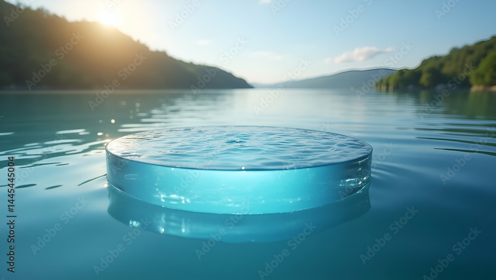 Poster visual demonstration of water clarity measurement using secchi disk method on tranquil lake, showcas