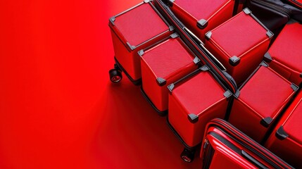 Modern red luggage suitcases stacked and arranged on bright red background for travel vacation journey holiday airport baggage storage