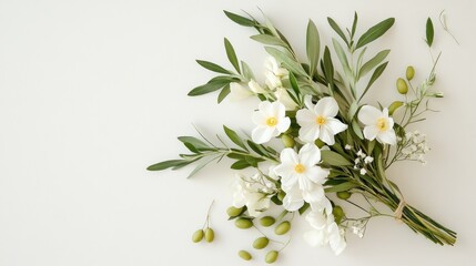 Fototapeta premium Minimalist bouquet of white blossoms and olive sprigs, styled for a rustic wedding