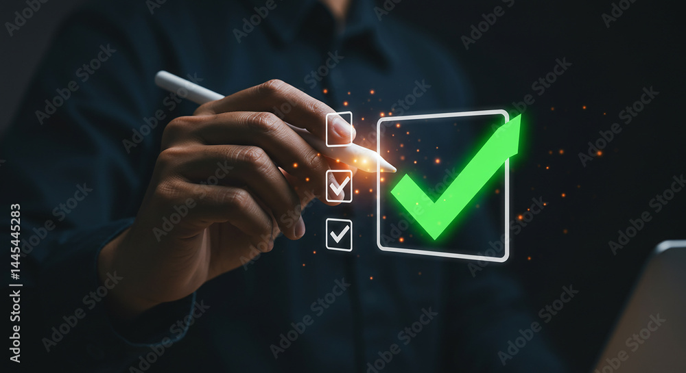Aufkleber a person using a stylus to select options from a digital checklist with a green checkmark present