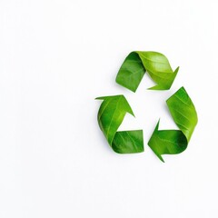 Obraz premium A vibrant green recycling symbol is artfully crafted from fresh leaves on a clean white background showcasing eco-friendly concepts and sustainable living practices for