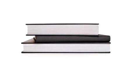 A front on view of a pile of study books, textbooks, on a table isolated against a transparent background