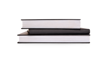 A front on view of a pile of study books, textbooks, on a table isolated against a transparent background