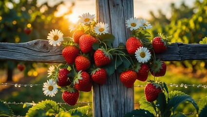Strawberry and daisy arrangement on fence