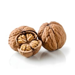 Cracked Walnuts and Whole Walnut on White Background