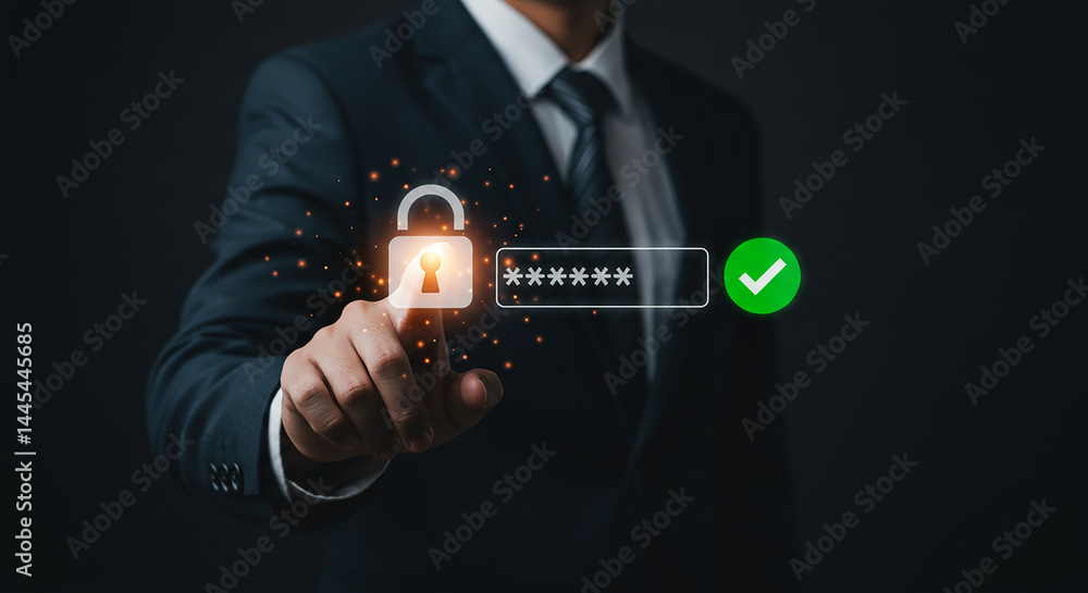 Aufkleber a man touching a digital padlock with a password field and a green checkmark on a dark background