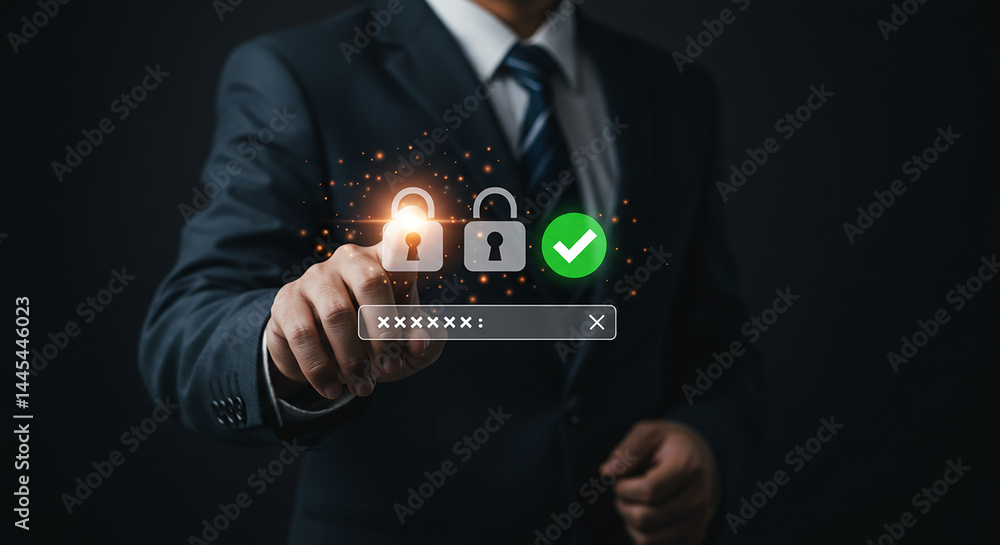 Poster a man in a suit touching an illuminated padlock icon with a password field and a green checkmark ico