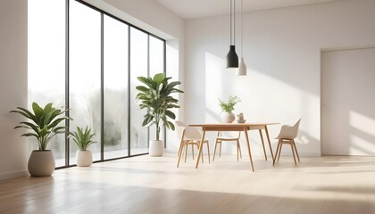 Fototapeta premium Minimalist Dining Room with Natural Light and Greenery