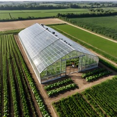Aerial View of Modern Greenhouse in Agricultural Field