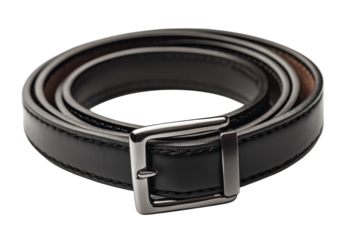 Elegant black leather belt with silver buckle rolled neatly showcasing its smooth texture and