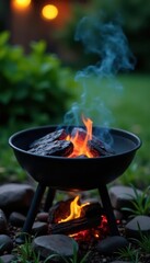 Empty charcoal grill, glowing embers fading in garden setting, charcoal, leisure