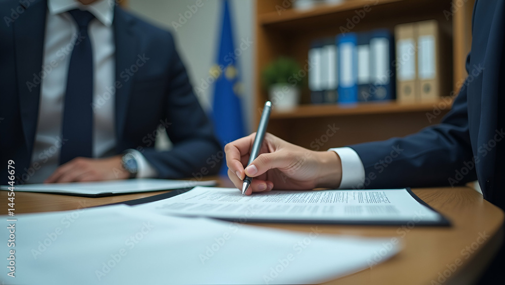 Poster trade adviser drafting eu response to us tariffs in policy institute office with legislative binders