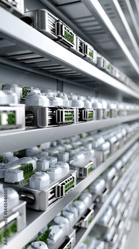 Poster high-tech server room features green and blue storage units, emphasizing energy efficiency and rapid