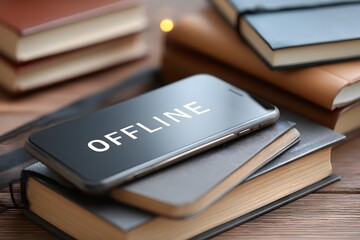 A phone is on top of a stack of books with the word "offline" on it