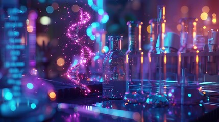 Genetic Research Laboratory Science Background with DNA Helix and Glassware