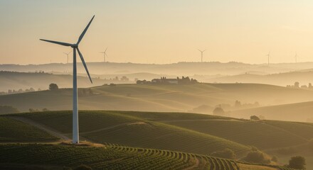 Obraz premium Wind park turbines generating power at sunset