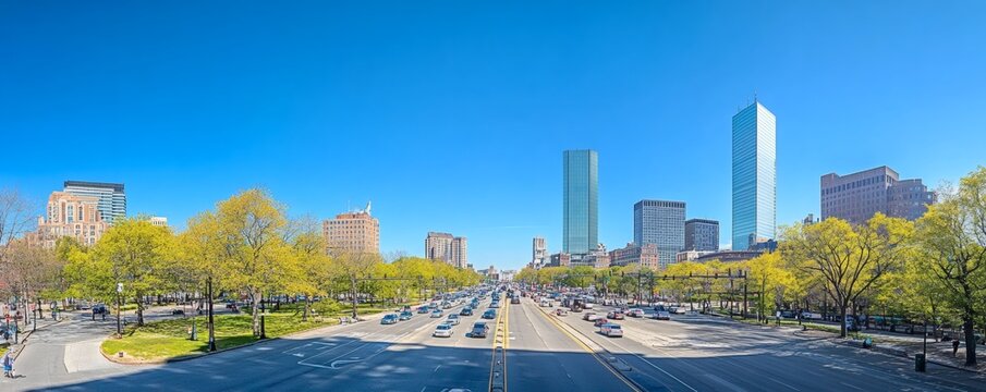 Panoramic view of a city boulevard under a clear sky.