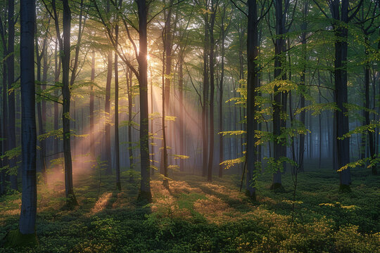 Enchanting beauty of misty forest at spring sunrise with dappled light, dew-covered scenery, and refreshing feeling of changing seasons captures vibrant essence of nature's renewal  