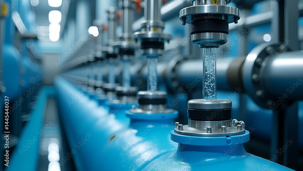 Poster technical setup for industrial water test capturing inline filtration system and conductivity sensor