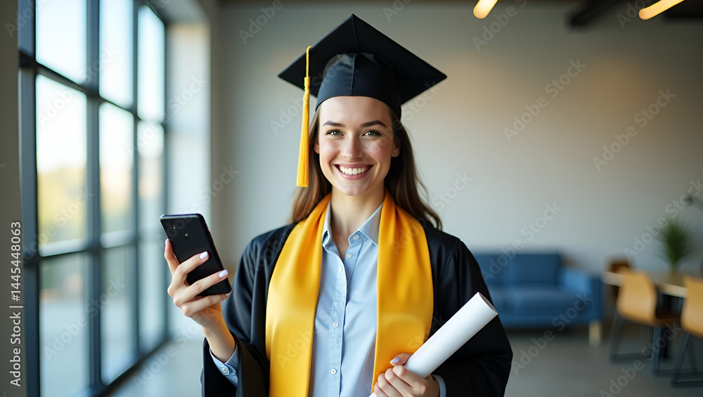 Poster smiling fresh graduate with diploma and smartphone in bright coworking space: job application concep