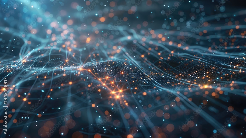 Poster abstract art of digital network with glowing nodes and colorful lights. digital artwork of glowing n