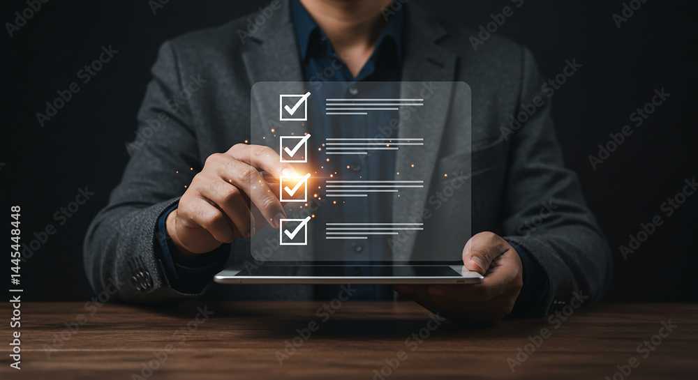 Poster a person in a suit interacting with a digital checklist on a tablet against a dark background