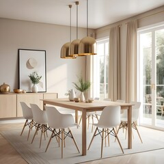 Modern Minimalist Dining Room Interior with Wooden Table and Gold Pendant Lights