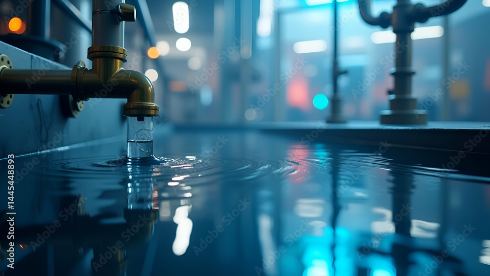 Poster technical setup for industrial water test capturing inline filtration system and conductivity sensor