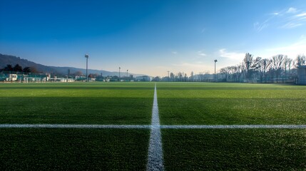 A soccer field with a white line on the ground