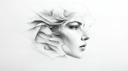 Fototapeta premium Profile portrait of a young woman with flowing hair in a minimalist artistic style.