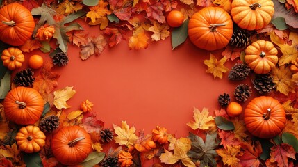 Autumn pumpkins and leaves arrangement with pinecones on orange background