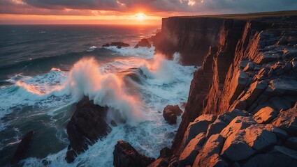 Fototapeta premium Ocean wave crashing on rock at sunset