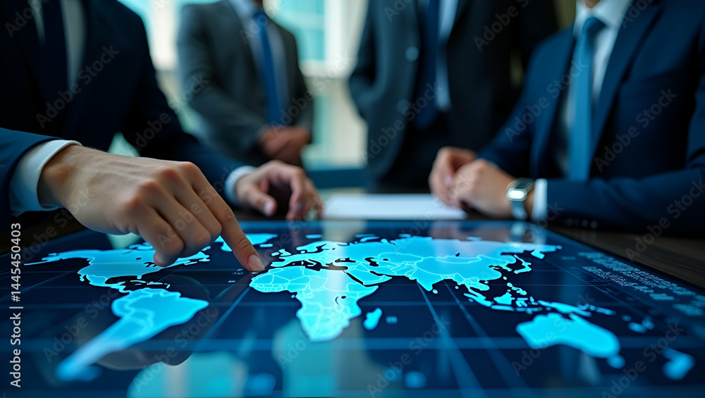 Poster business professionals analyzing transatlantic trade agreements on digital touchscreen table with tr