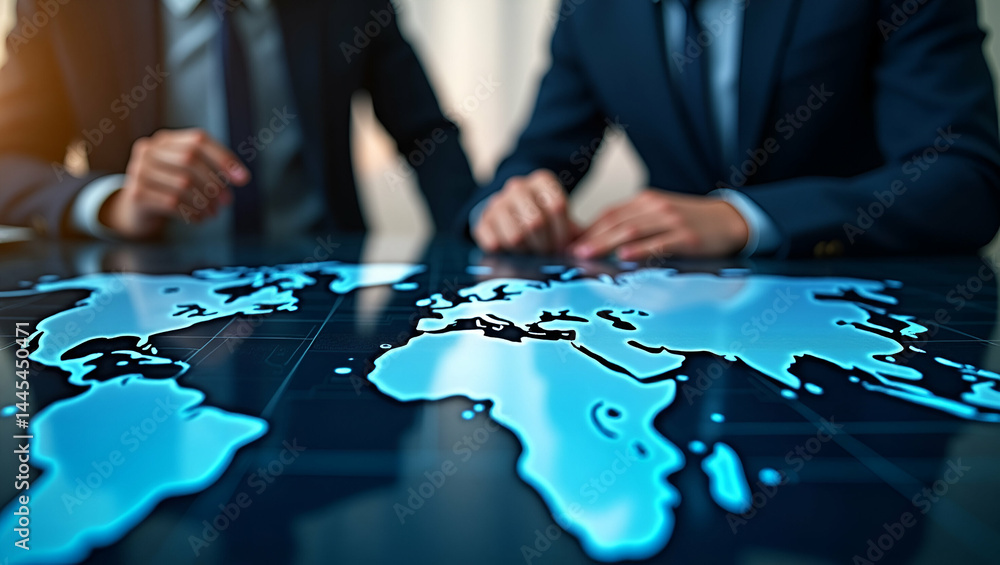 Poster business professionals reviewing transatlantic commerce agreements on digital touchscreen table depi