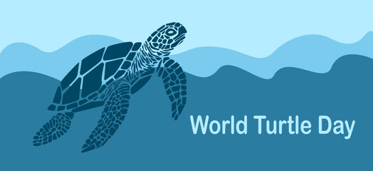 World Turtle Day 23 May background. Turtle swims in the ocean . Vector illustration in blue tones