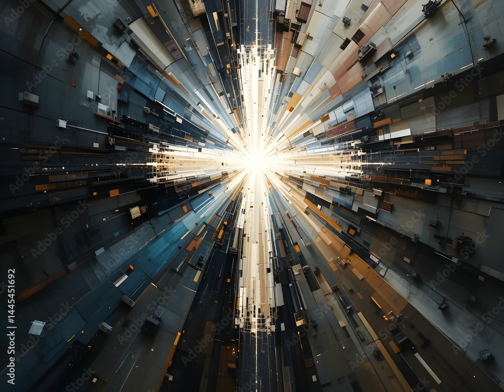 Poster abstract geometric explosion of light and architectural structures