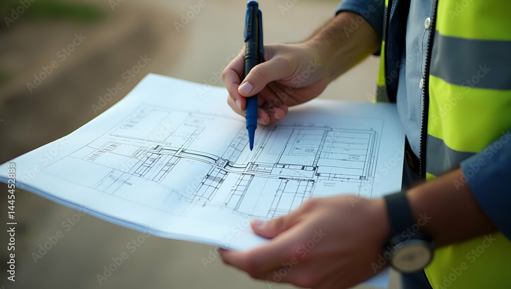 Poster civil engineer reviewing blueprint for rural water supply pipeline installation connecting groundwat