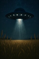 UFO over the wheat field in the night sky illustration