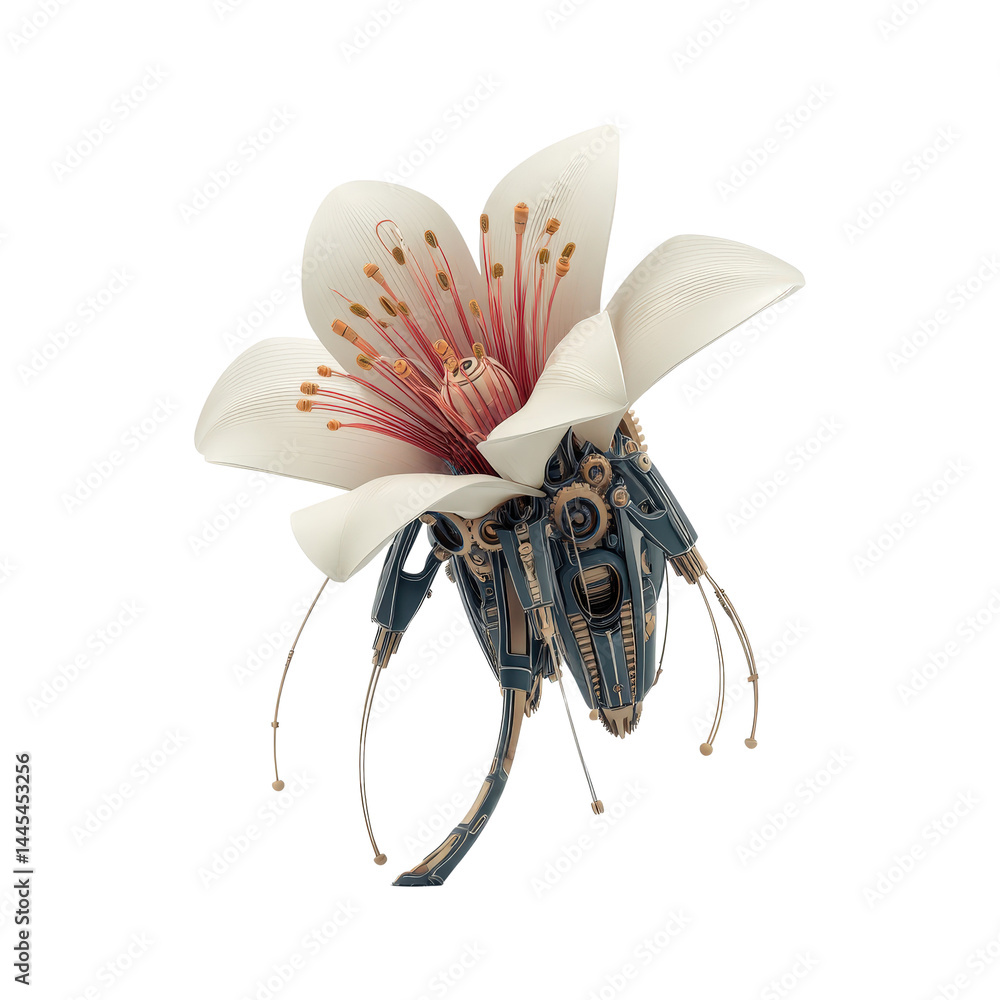 Poster futuristic robot insect with elegant flower design in 3d style