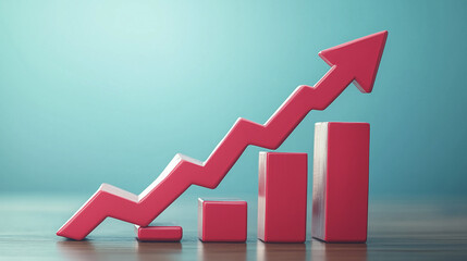 Red ascending bar chart with arrow symbolizing business growth and financial success on a blue background.
