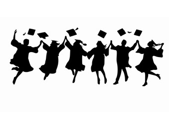 

Collection of silhouettes of university students celebrating graduation by jumping and throwing toga caps on transparent background