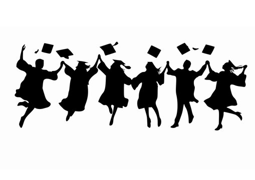 

Collection of silhouettes of university students celebrating graduation by jumping and throwing toga caps on transparent background