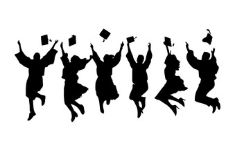

Collection of silhouettes of university students celebrating graduation by jumping and throwing toga caps on transparent background