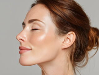 close up profile of woman with smooth skin and serene expression, showcasing natural beauty and healthy skin. soft lighting highlights her features beautifully