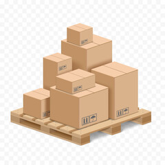 Pile of isometric cardboard boxes on a wooden pallet. Isolated on a transparent background. Vector illustration