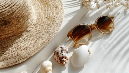 Flat Lay of Straw Hat and Sunglasses with Shells
