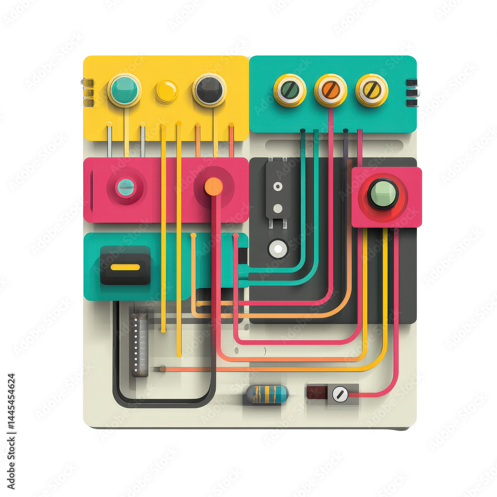Poster flat design electric circuit board with colorful elements and tech theme