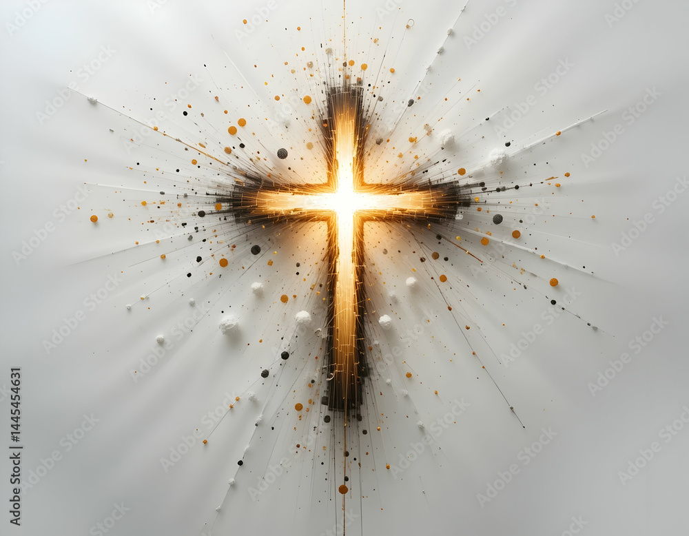 Poster illuminated cross with abstract light burst and particle effect
