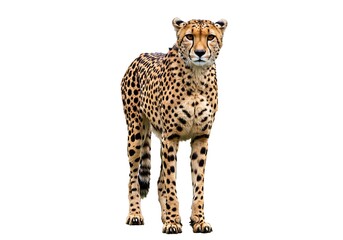 A cheetah standing upright and looking directly at the viewer on a plain white background isolated animal