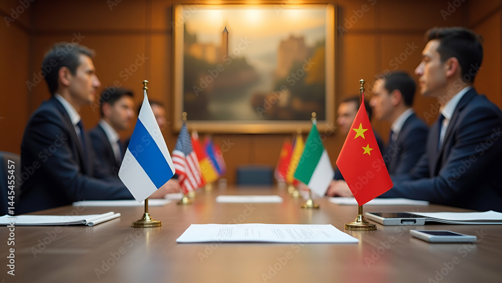 Aufkleber high-level diplomatic meeting table with national flags and trade documents: capturing the atmospher